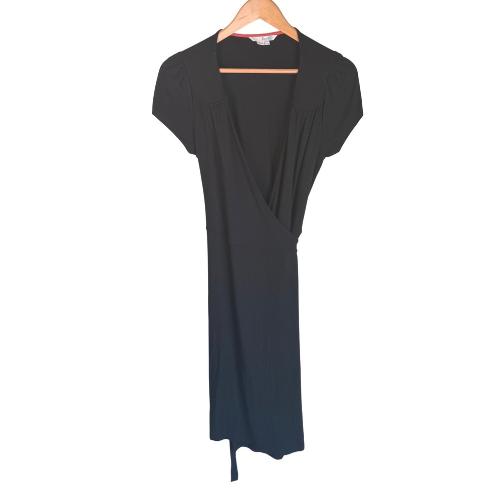 Boden Wrap Dress Womens 6R Black Short Sleeve V-Neck‎ Jersey Knee Length LBD